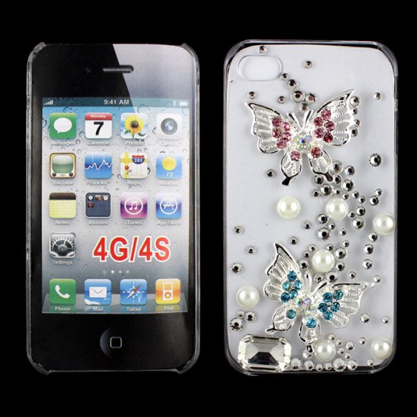 Wholesale iPhone 4S 4 3D Clear Crystal Butterfly Diamond Case (Double)